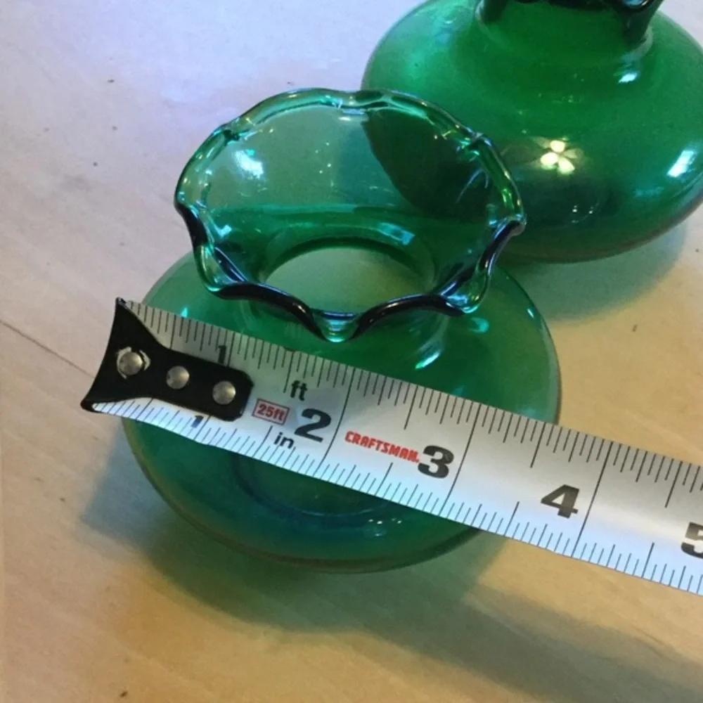 Vintage Green Glass Vases Ruffled Top Set of 2